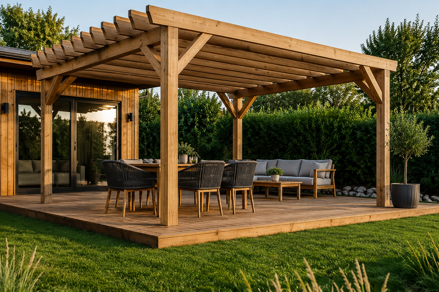 Outdoor timber deck and pergola with a ventilated timber structure