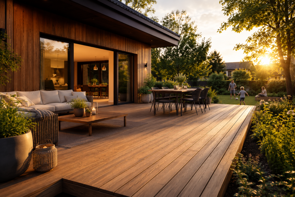 Outdoor timber deck built with softwood decking boards