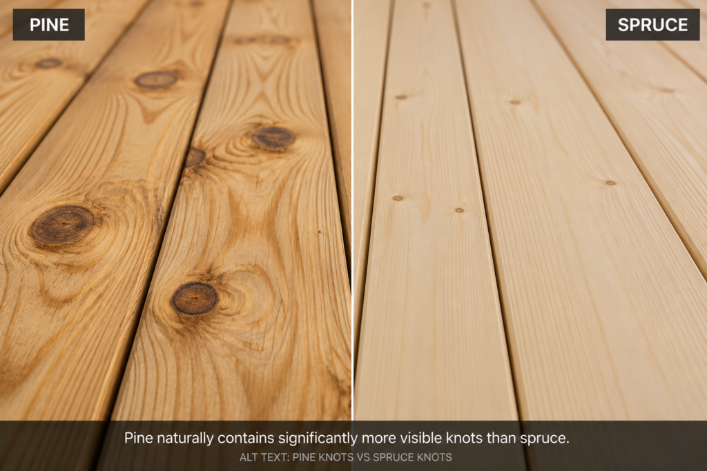 Close-up comparison of knots and grain in pine and spruce decking boards