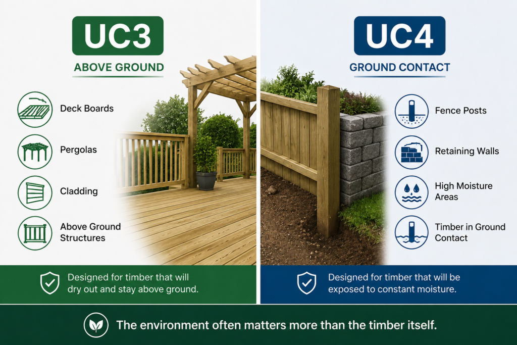 Diagram comparing UC3 above-ground timber with UC4 timber for wet or structural deck locations
