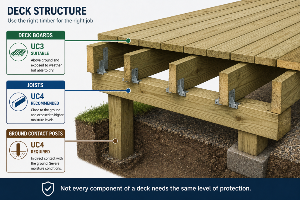 UC4 treated timber joists and posts in a ventilated deck subframe
