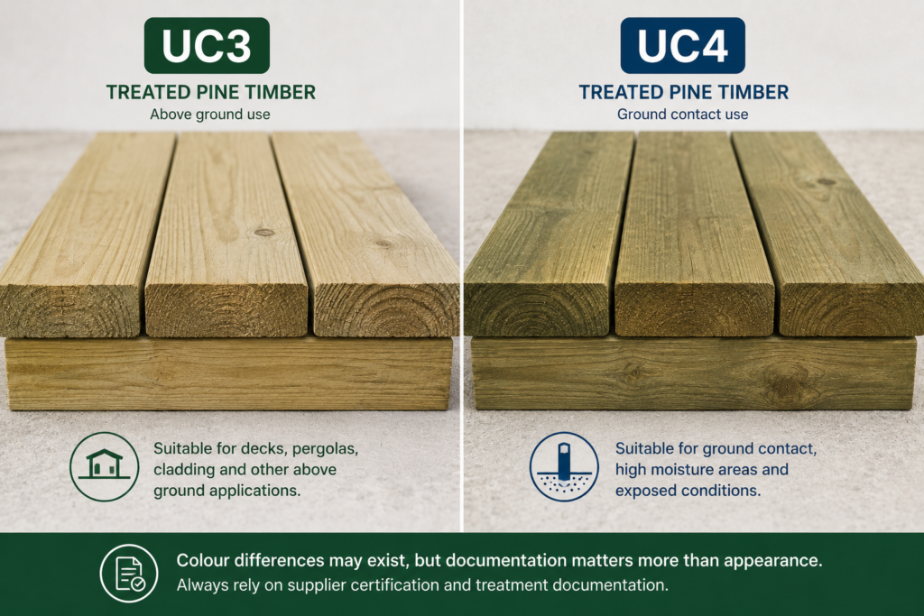 UC3 above-ground and UC4 ground-contact treated timber, showing that supplier documentation matters more than colour