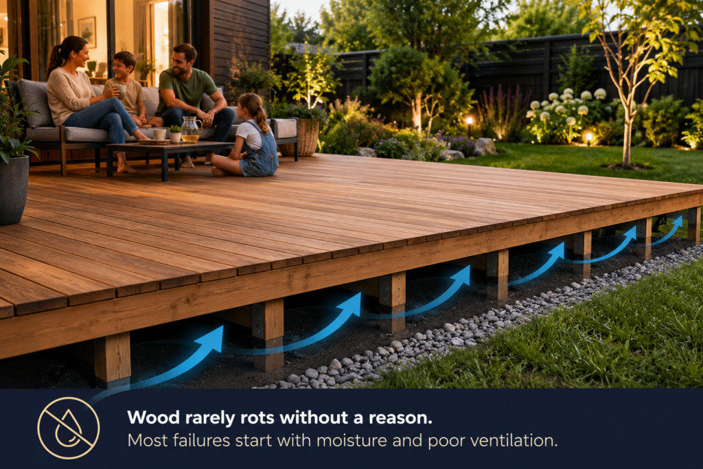 Wooden deck designed with open space below the frame so moisture can drain and timber can dry