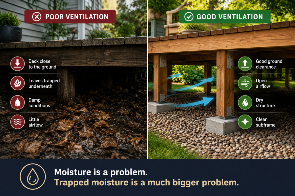 Comparison of a deck with trapped wet leaves and limited airflow against a deck with clear airflow and drainage