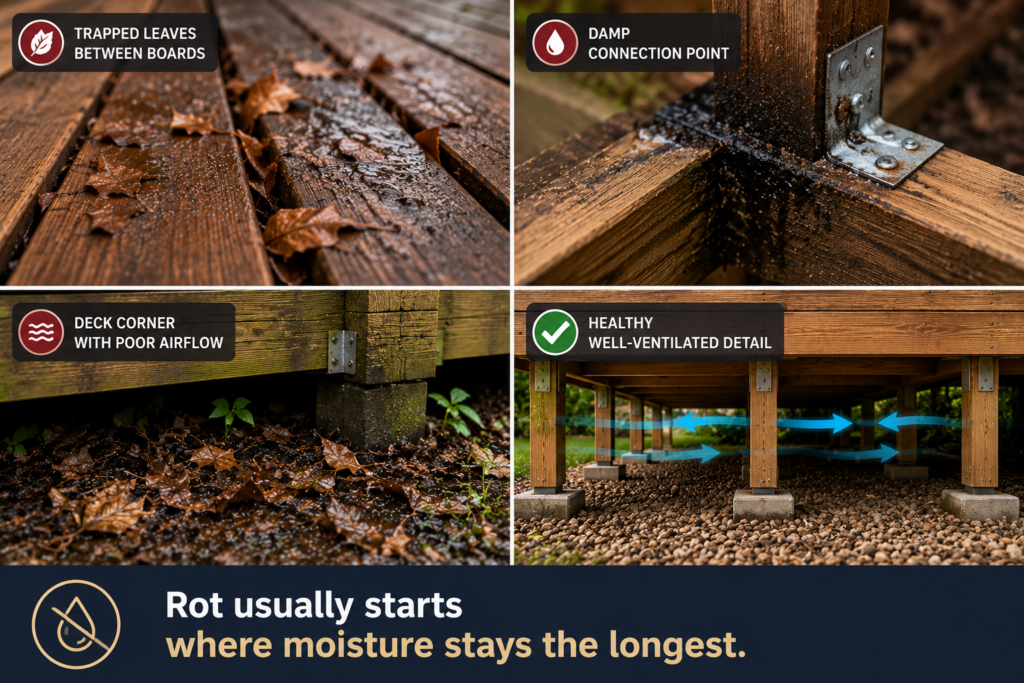 Common deck rot locations: leaf-filled board gaps, damp connections, low corners and poorly ventilated subframes