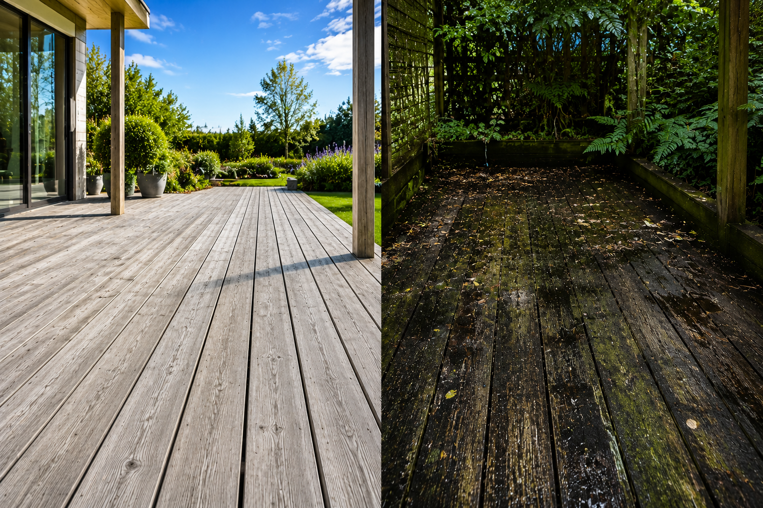 Outdoor timber deck exposed to sunlight and rain