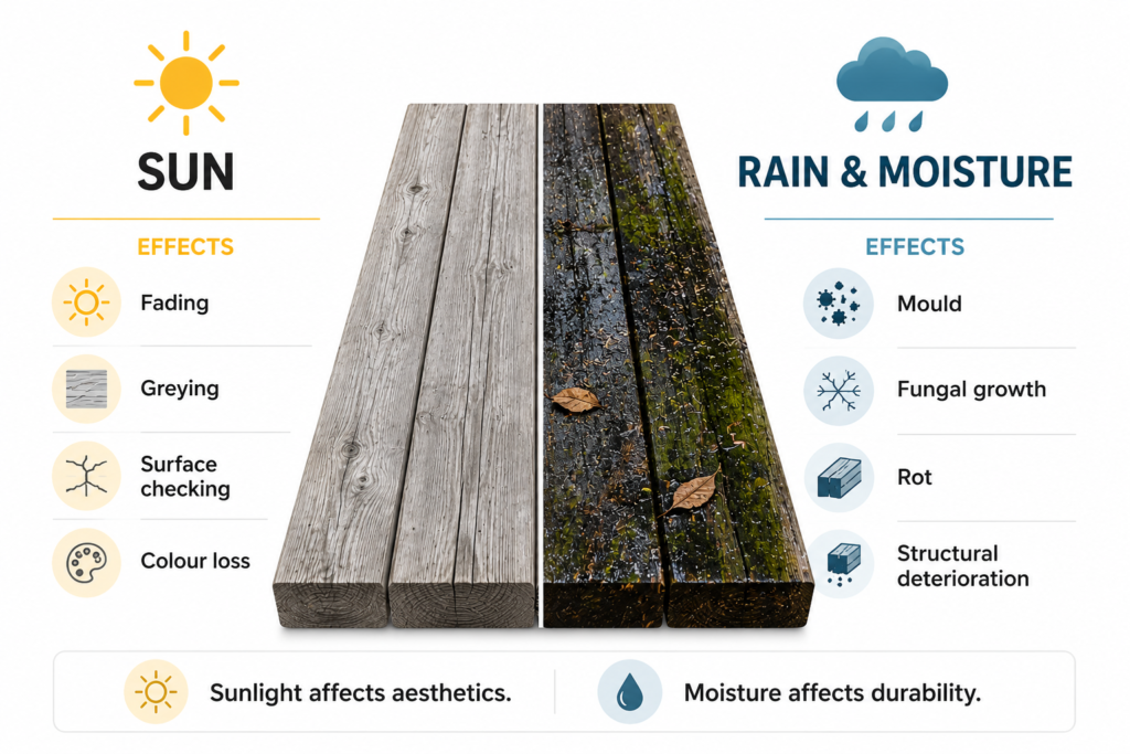 Comparison of sun weathering and rain exposure on a timber deck