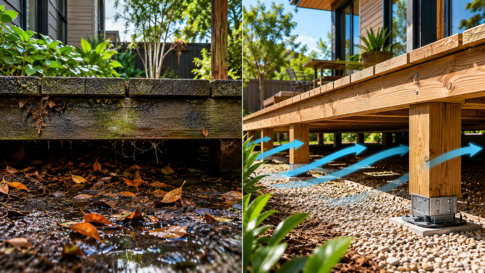 Ventilated UC4 timber subframe beneath a wooden deck