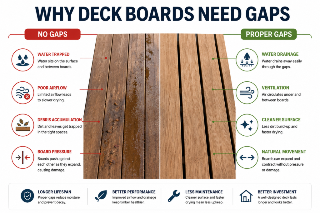 Timber decking boards installed with even gaps so rainwater can drain between them