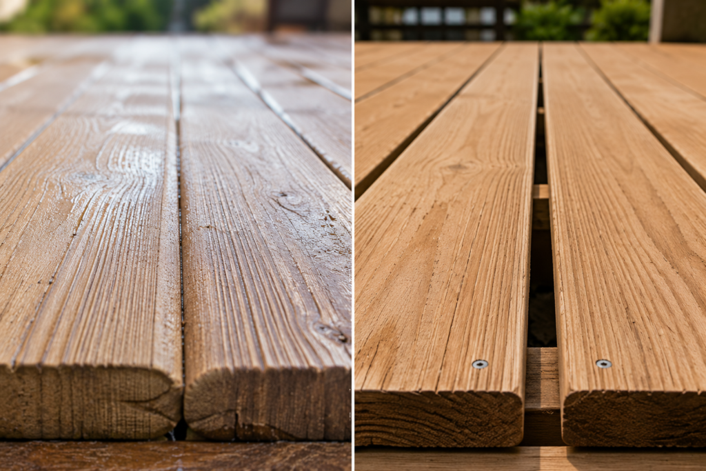 Diagram showing timber deck boards expanding and contracting across their width as moisture changes