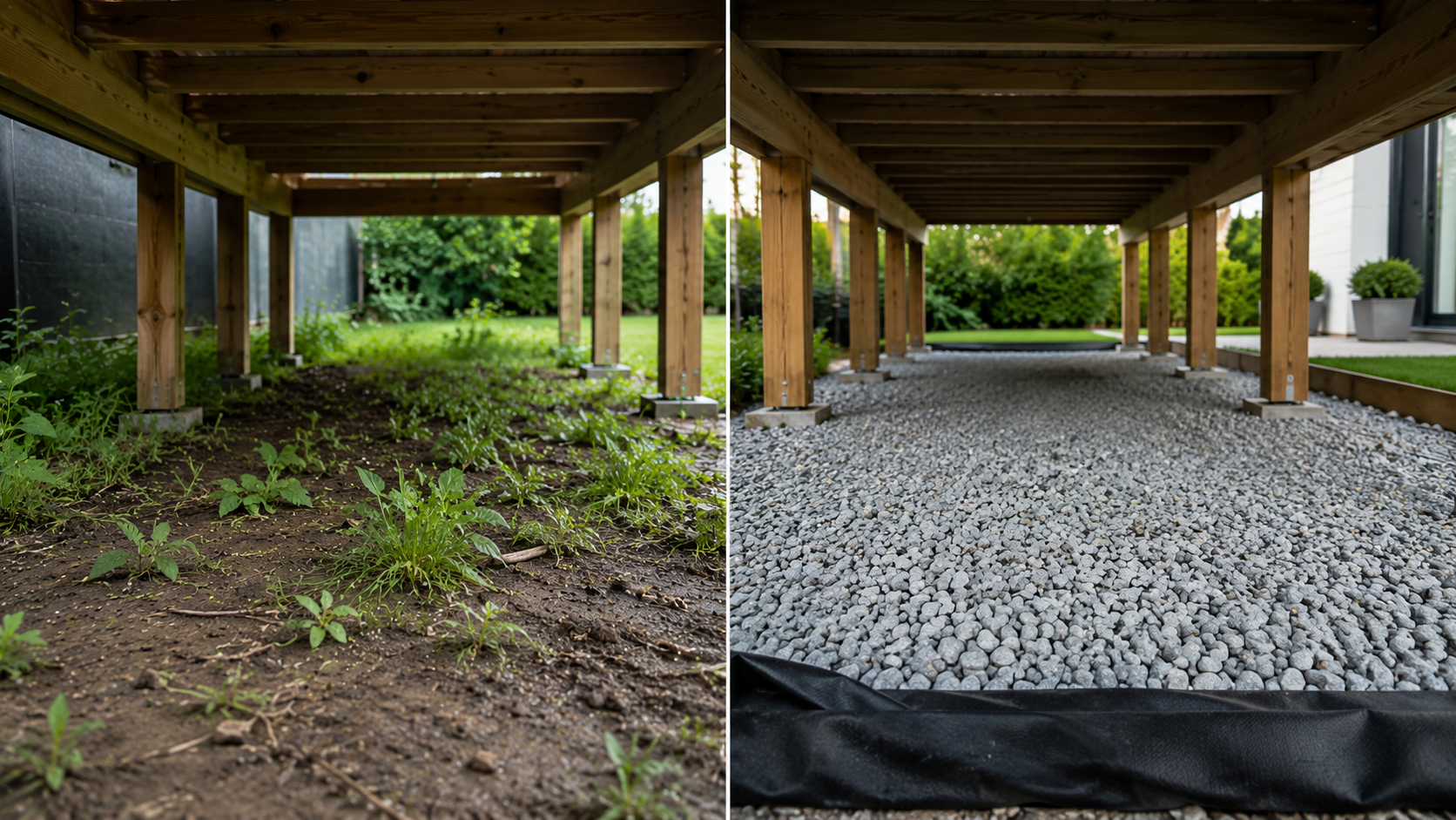 Gravel and geotextile used beneath a timber deck