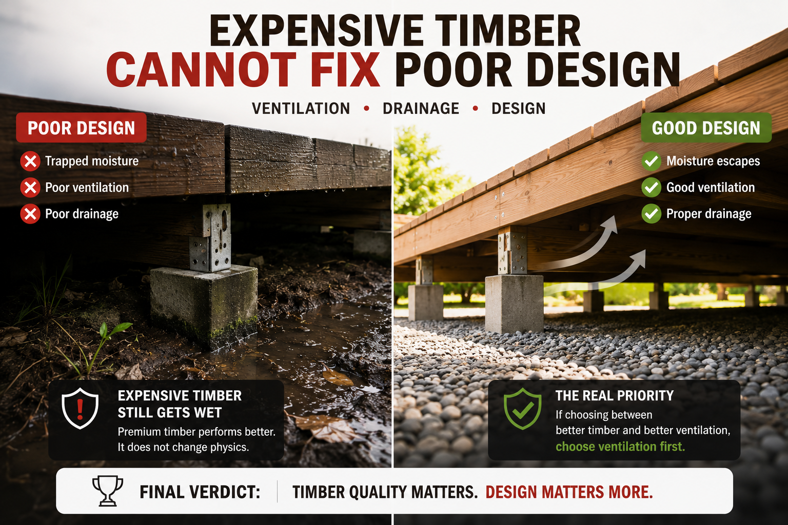 Timber deck with boards, drainage gaps and an open substructure