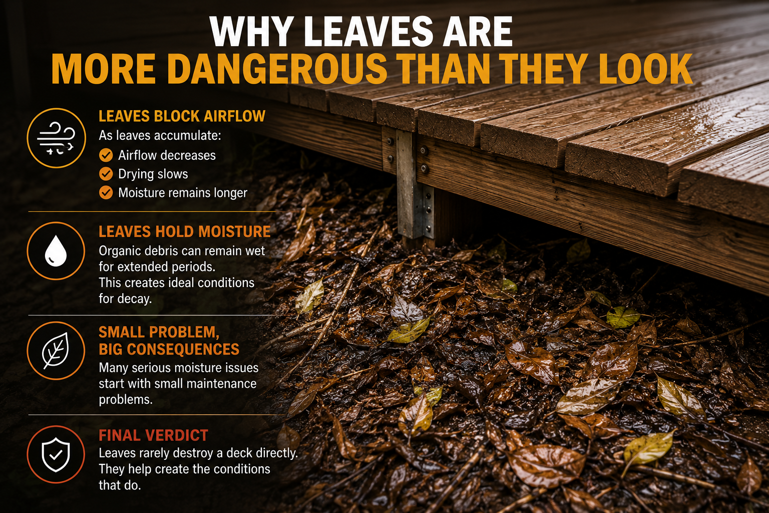Wet leaves gathered beneath a wooden deck, where they can hold moisture and restrict airflow