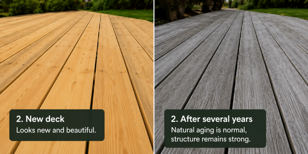 Timber deck surface weathering compared with a protected structural subframe