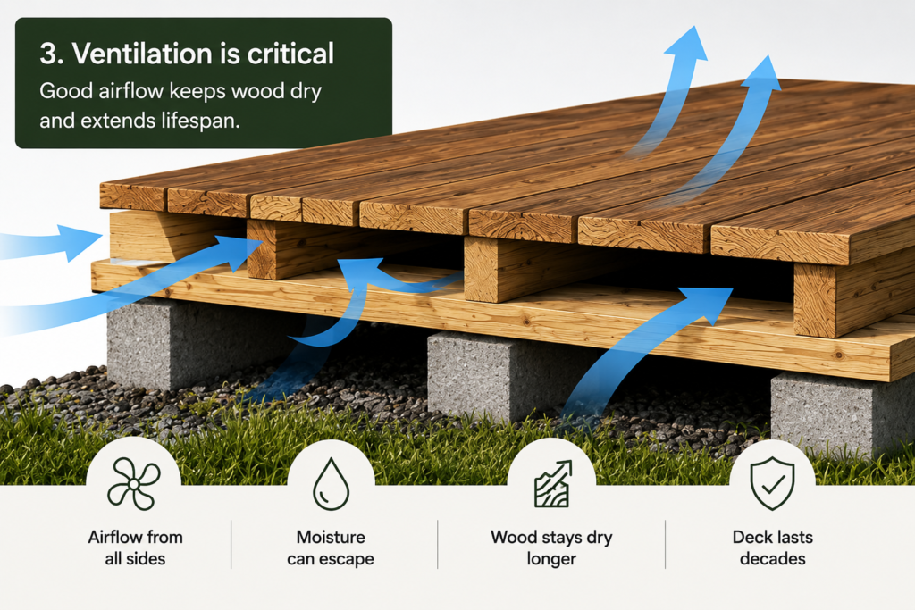 Ventilated timber deck structure raised above damp ground