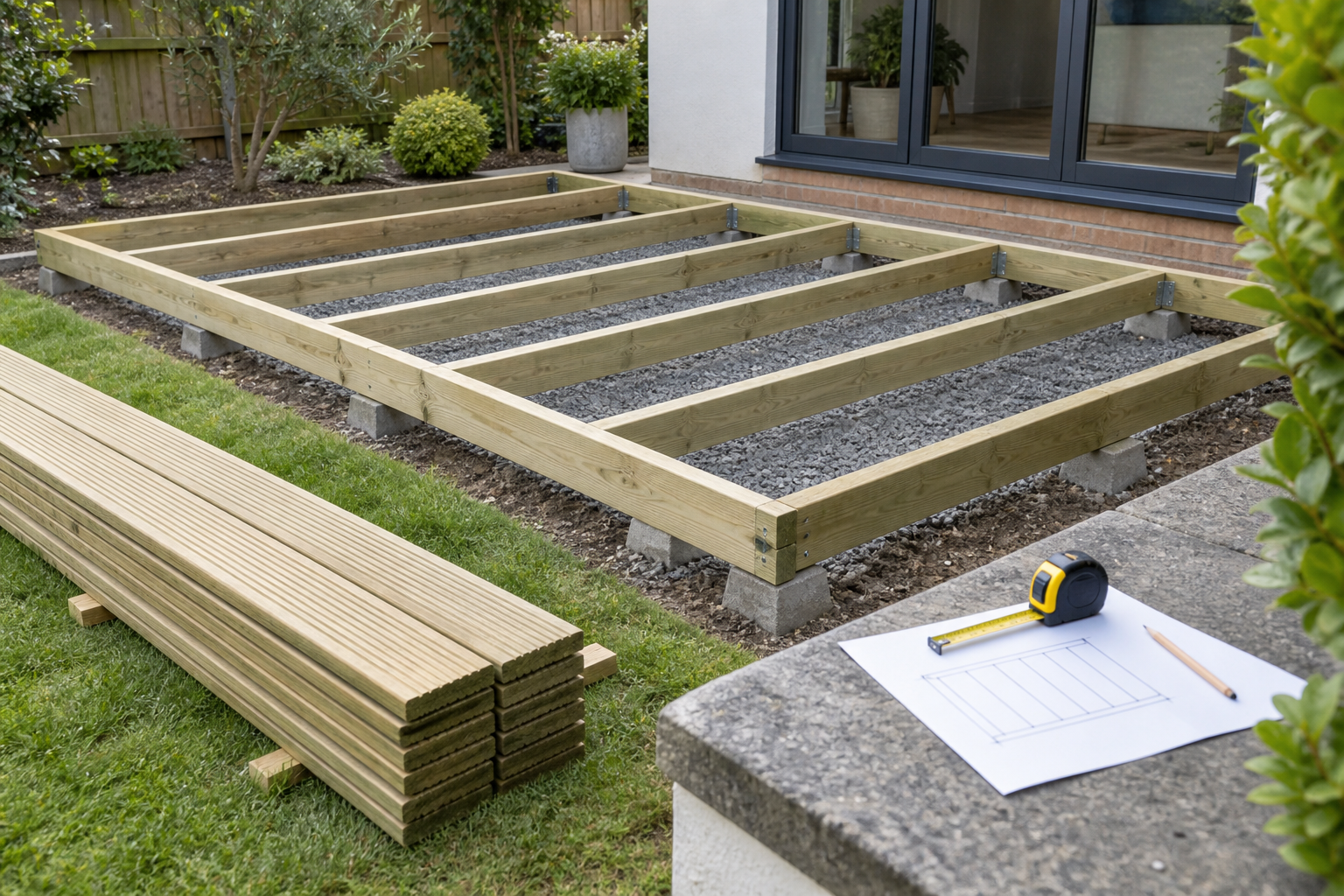 Deck frame, stacked boards, tape measure and plan used to calculate decking materials