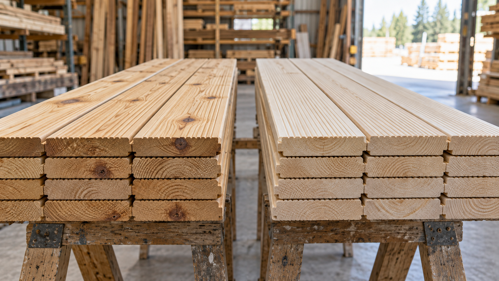 Two bundles of softwood decking boards in a timber workshop for a pine versus spruce comparison
