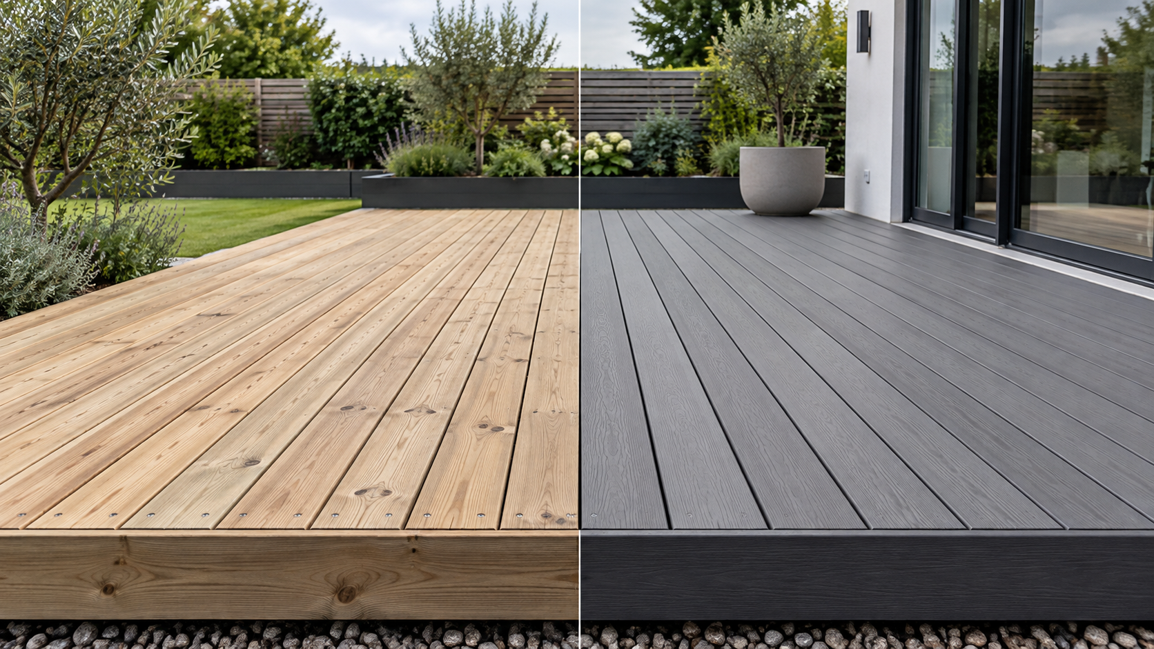 Split comparison of natural timber decking and grey composite decking in the same garden setting
