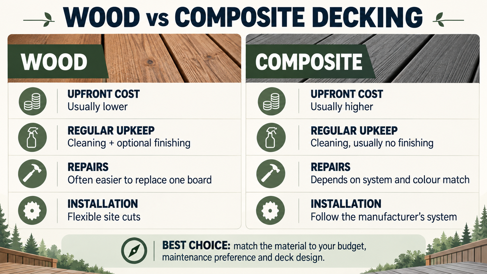 Wood versus composite decking comparison infographic covering cost, upkeep, repairs and installation