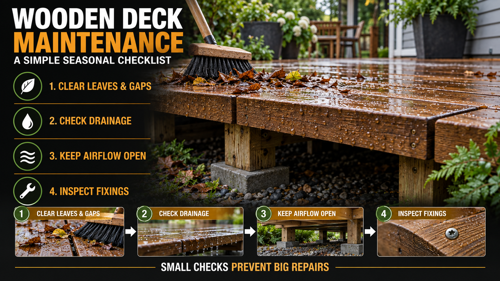 Wooden deck maintenance checklist showing clearing leaves, checking drainage, keeping airflow open and inspecting fixings